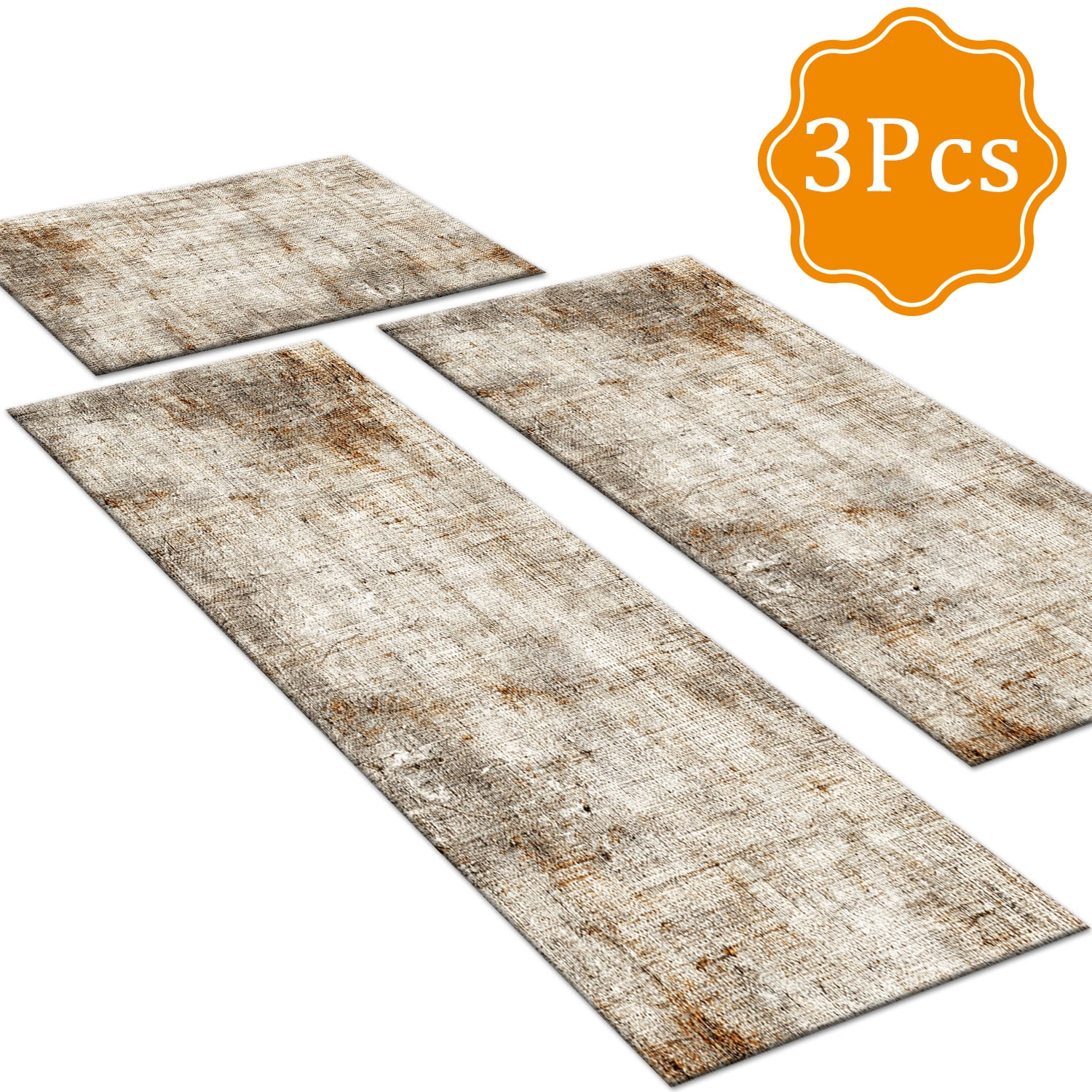 3-Piece Farmhouse Striped Kitchen Rug Set Anti-Slip Backing, Machine Washable Distressed Floor Mats for Kitchen Hallway Bathroom Laundry Room Christmas Decor