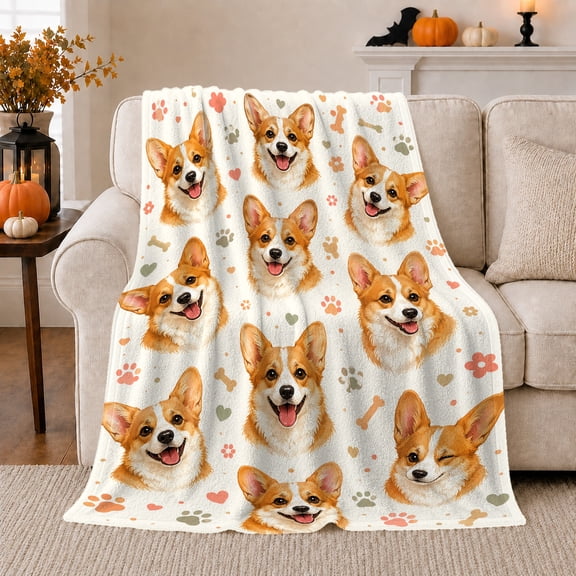 Corgi Puppy Paw Prints autumn celebration Autumn, Playful Pet Portrait Pattern, Warm Flannel Blanket for Living Room and Reading Nook, Dog Lovers autumn celebration Gift, Pet Lover Home Decor