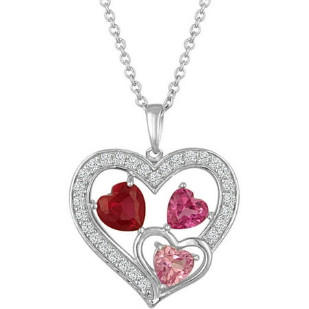 Gemspirations Sterling Silver Plated Simulated Ruby & Simulated Pink Sapphire with CZ Accents Heart Pendant, 18