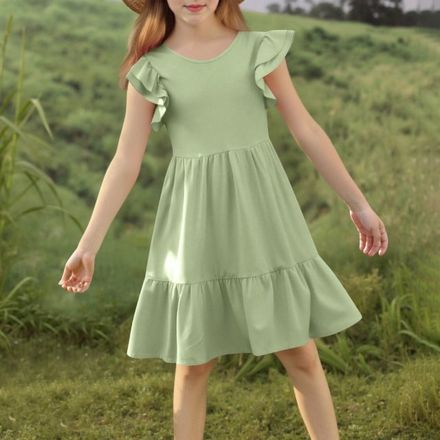 QTBIUQ Robe Décontractée à Col Rond pour Fille Couleur Unie avec Manches à Volants et Ourlet Jupe Plissée Polyvalente pour Usage Quotidien Mignonne et Élégante pour Fête de Vacances (Vert, 7 Ans)