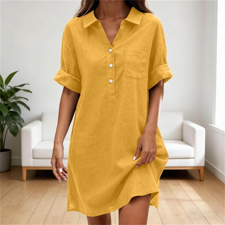 yellow short dress plus size Yuxingfu Cocktail Dresses for Women Mini Collared Plus Size Womens Dress Short Sleeve A Line Casual Summer Yellow L, Women's, Size: Large