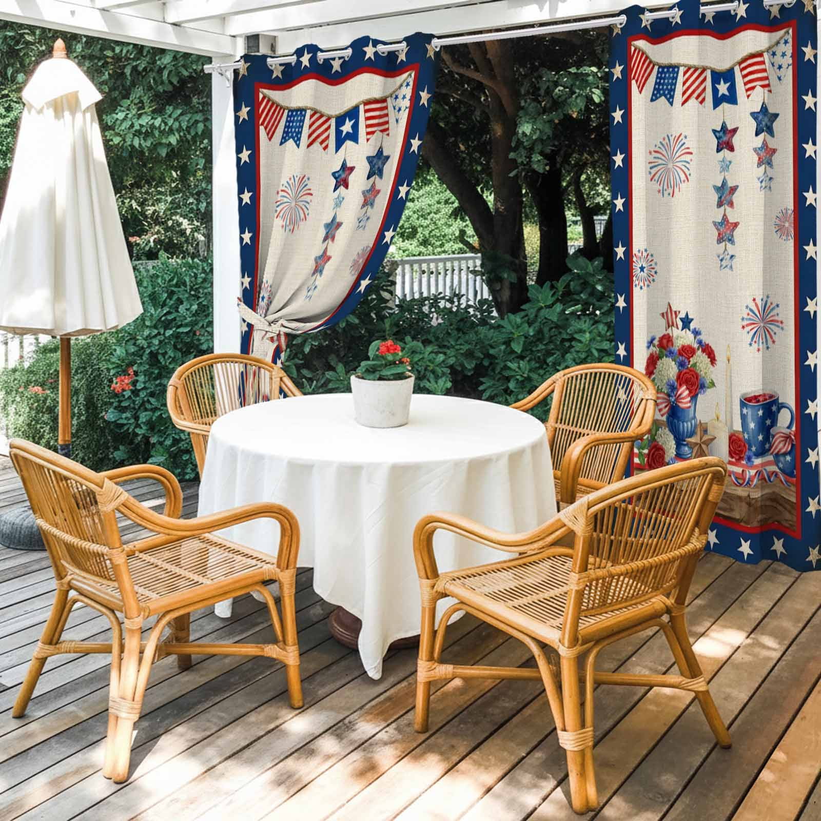 Independence Day Outdoor Curtains for Patio, Retro Red Blue USA Flag Floral Star Linen Texture Sunshade Privacy Drapes Grommet Waterproof Outside Curtains for Porch/Cabana/Balcony 54"x 108", 1 Panel
