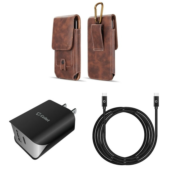 Pouch and Wall Charger Bundle for Orbic Maui+: Vertical Magnetic Belt Holster Case (Brown) and UL Certified 18W Dual USB Port (Type-C & USB-A) Power Adapter