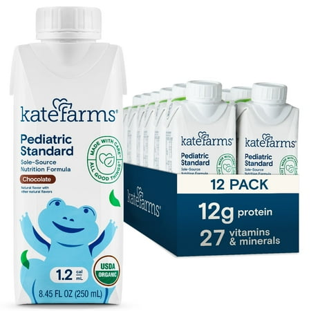 KATE FARMS Organic  Pediatric 1.2 High Calorie Nutrition Shake, Chocolate, 12g protein, 27 Vitamins and Minerals, 8.45 oz (12 pack)