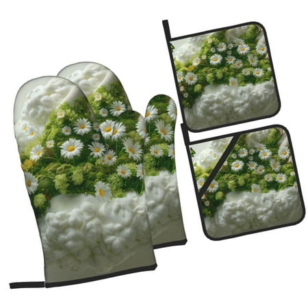 

Balery Nature Hand Daisies Art Pattern Oven Mitts and Pot Holders 4 pcs Set Kitchen Oven Glove High Heat Resistant 500℉ Oven Mitts with Non-Slip Silicone Surface