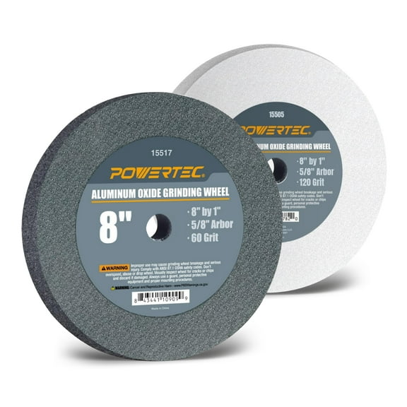 POWERTEC Bench Grinder Wheel 8 Inch 60 & 120 Grit, White Aluminum Oxide Grinding Wheel for Bench and Pedestal Grinder, 1" Thick 5/8" Arbor, Sharpening & Shaping Drill Bits, Blade, Chisel, 2PK (15549)