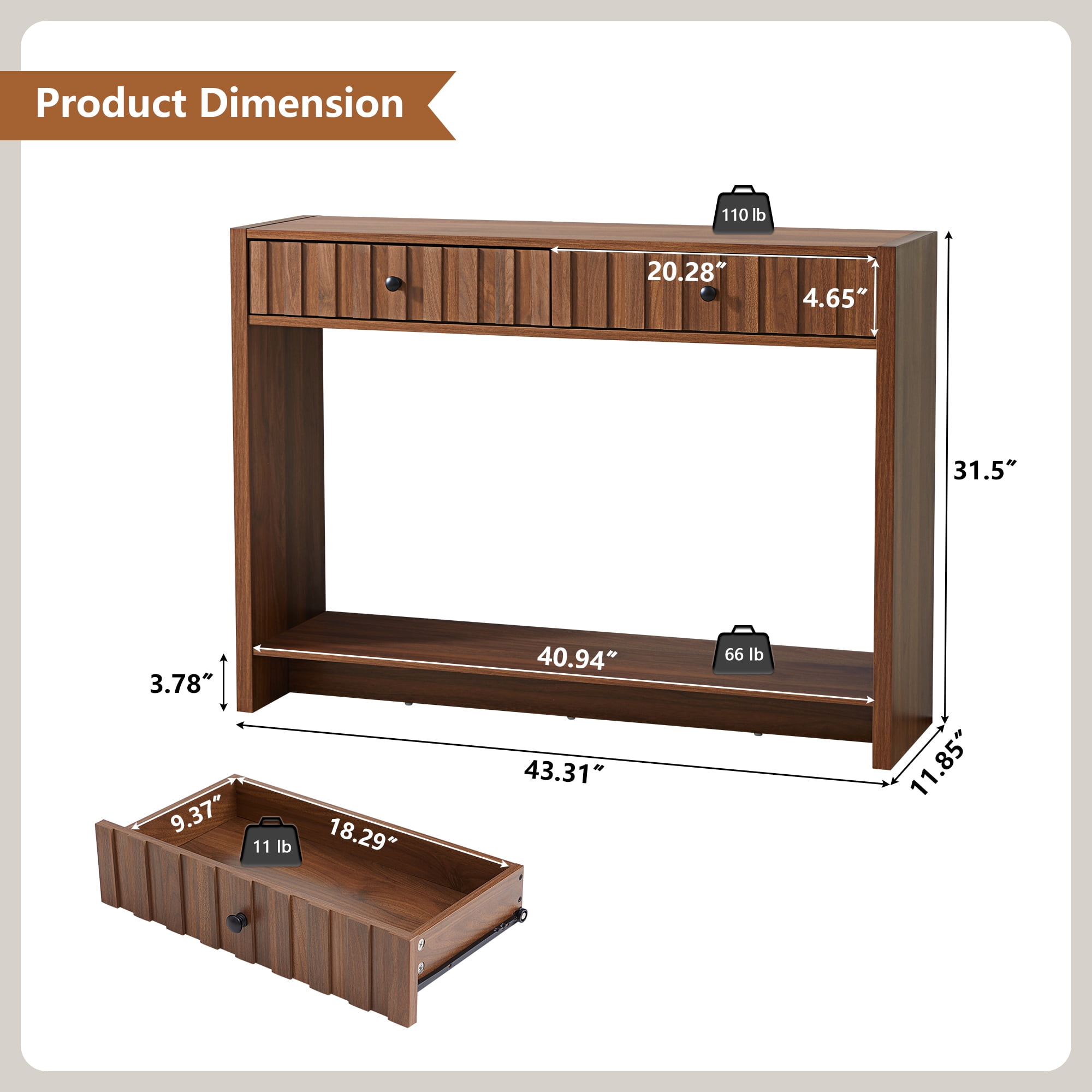 PHOYAL Fluted Console Table with Drawer and Open Storage Shelves, Narrow Sofa Table Entryway Table for Living Room Hallway Bedroom, Walnut