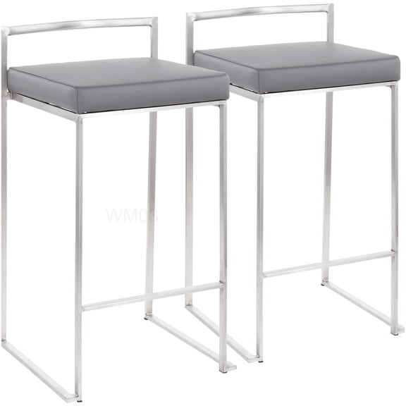 Gray Faux Leather Counter Stools Set of 2, Stackable Metal Frame Bar Stools for Kitchen Island