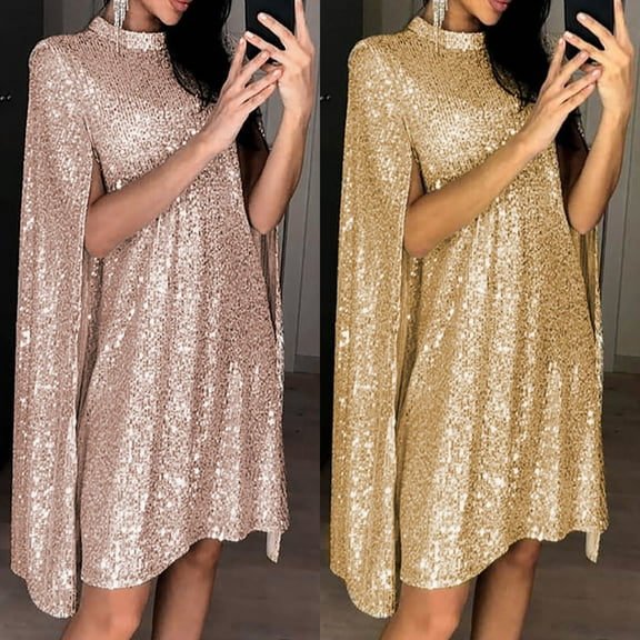BiZtdJrK Prom Dresses for Women Wedding Guest Dresses Casual Long Sleeve Crewneck Mini Dress Solid Sequin Sparkly Party Dress Gold M