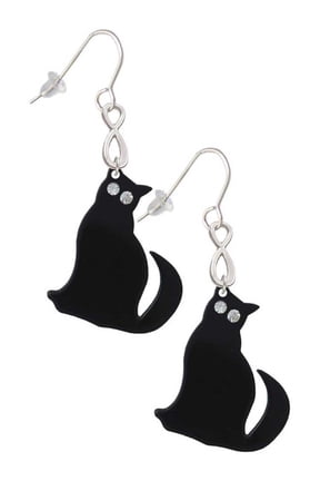 Acrylic Sitting Black Cat with Crystal Eyes Silver tone Infinity French Earrings