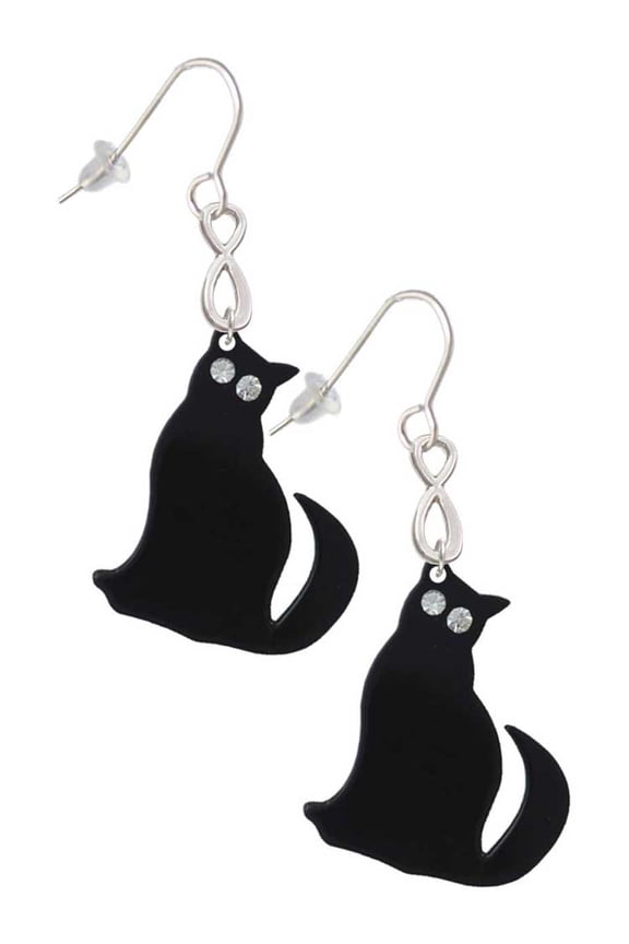 Acrylic Sitting Black Cat with Crystal Eyes Silver tone Infinity French Earrings