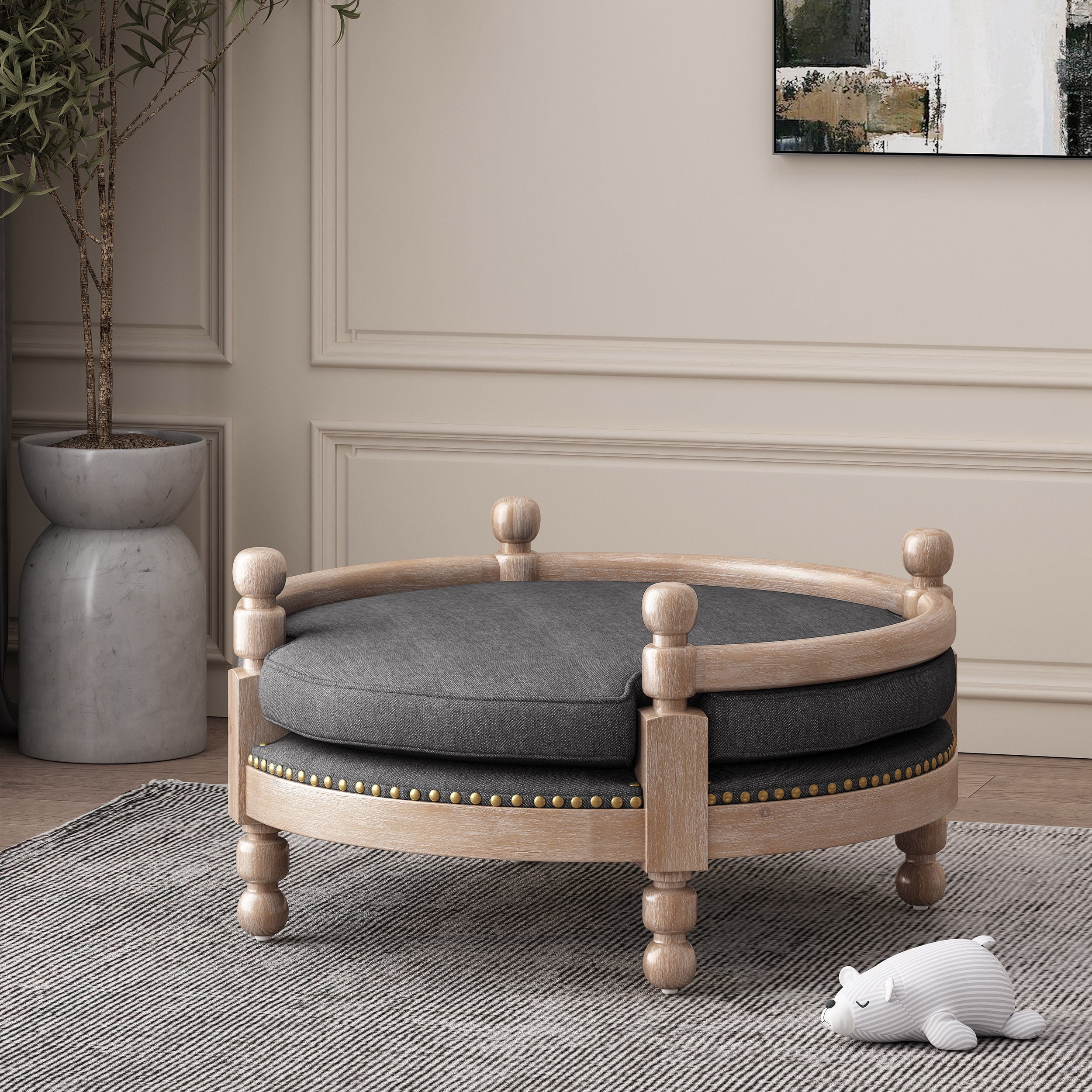Noble House Rex Fabric and Wood Frame Medium Pet Bed, Charcoal and Antique Natural