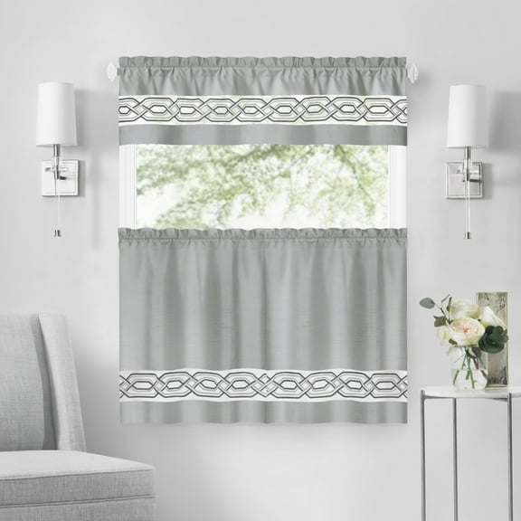 Achim Paige Rod Pocket Light Filtering Tier and Valance Curtain Set, Silver, 55" x 36"
