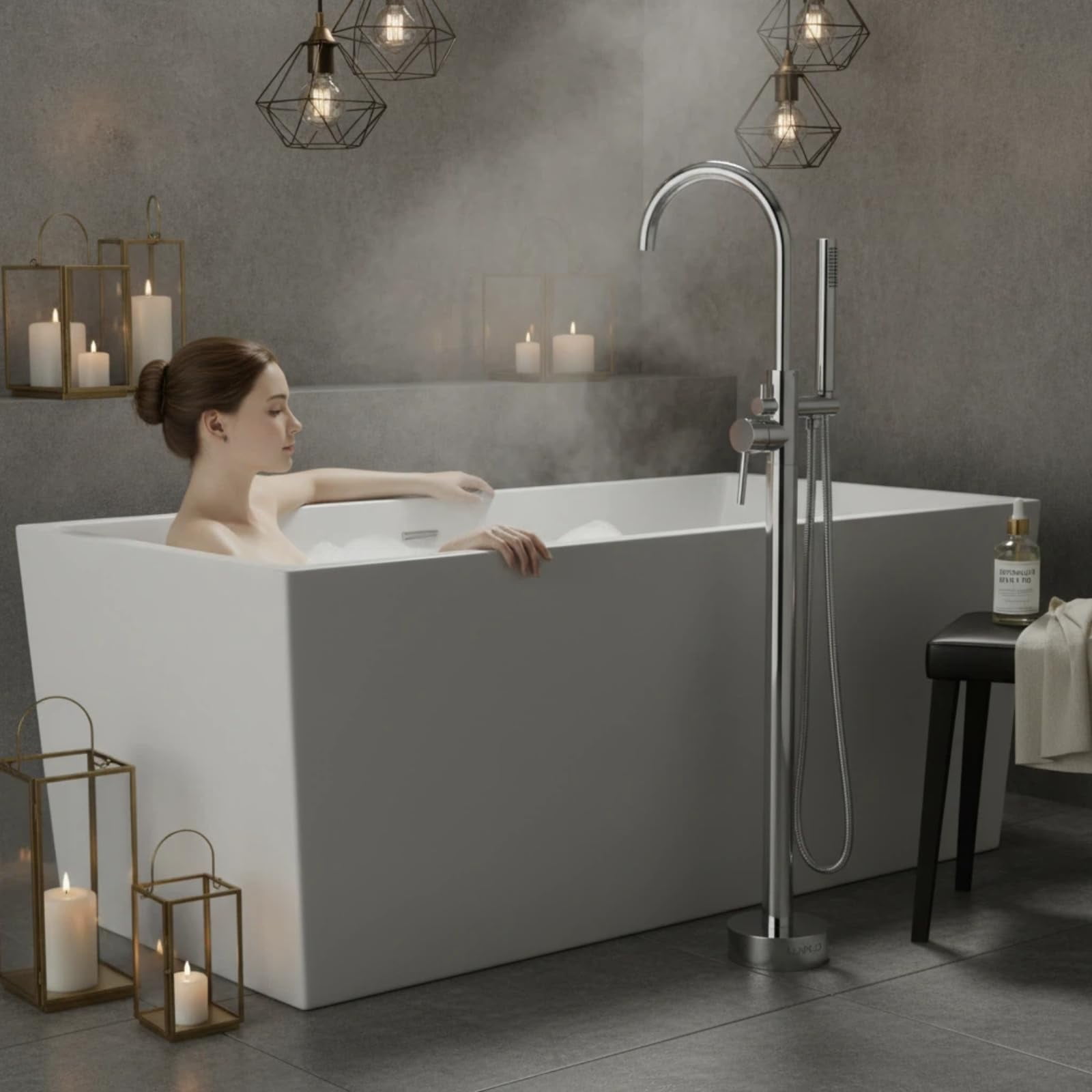 LIFERECORD Floor Mount Freestanding Tub Faucet, Solid Brass Stand Alone Bathtub Filler with 2-Function Hand Shower, 360° Swivel Spout, Rough-In Valve, Anti-Wobble Base, High Flow Mixer Tap