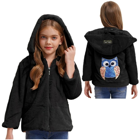 iiniim Kids Girls Winter Warm Coats Faux Fur Owl Applique Long Sleeve Zippered Hooded Fleece Jacket Black 14