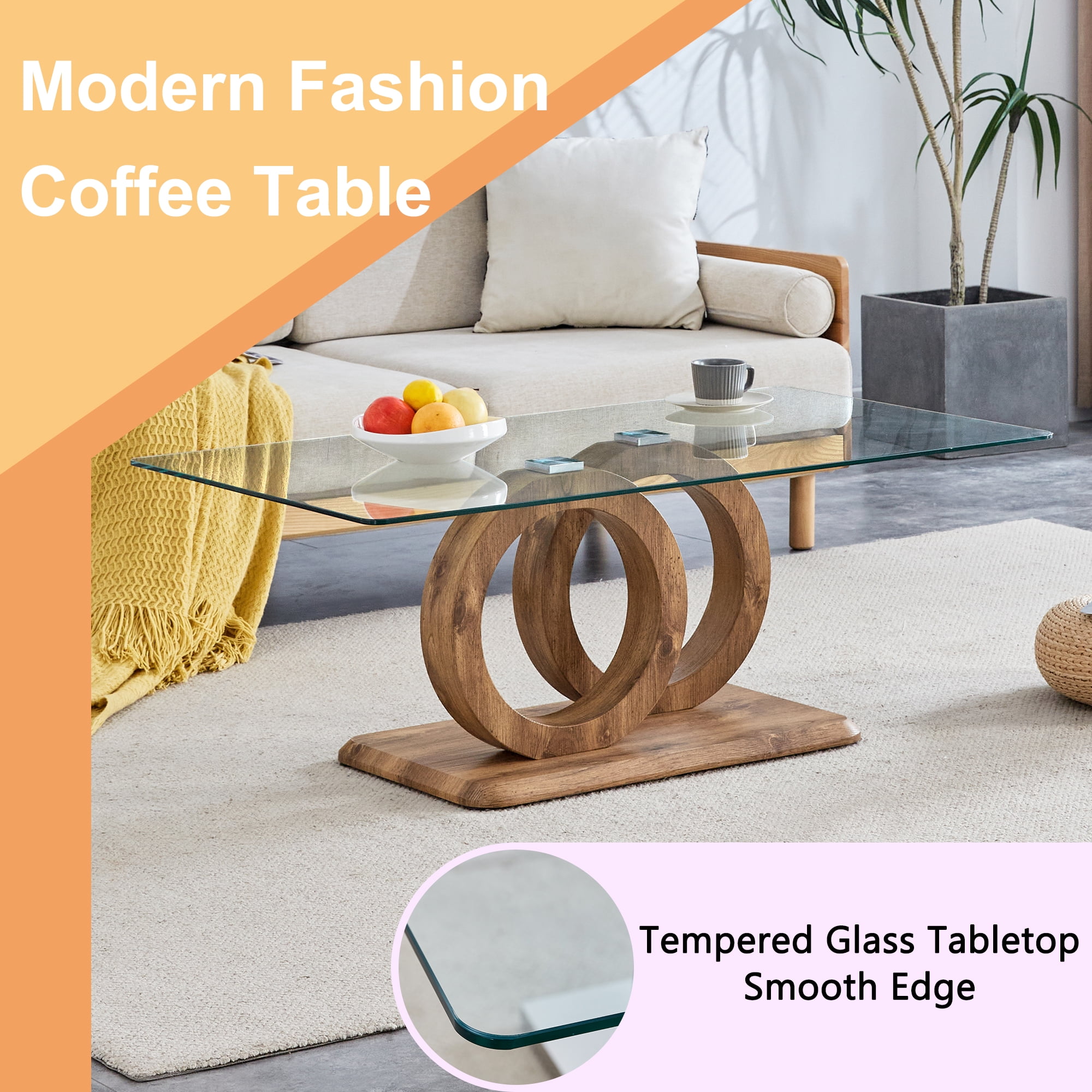 TesNus Modern Style Rectangle Glass Coffee Table for Living Room, Office,47.2" Stylish Center Table with MDF Base, Clear Tempered Glass (Natural)