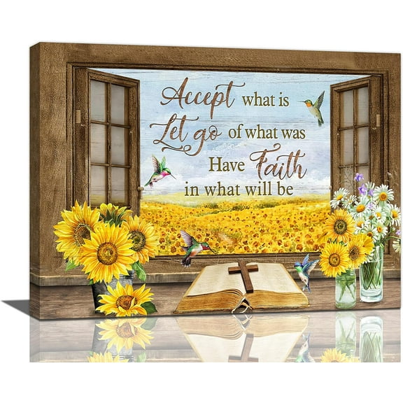 Farmhouse Sunflower Wall Art Hummingbird Christian Bible Verse Pictures Wall Decor Scripture Quotes Canvas Painting Print Artwork Modern Home Decor Framed for Living room Bedroom Bathroom 16"×12"