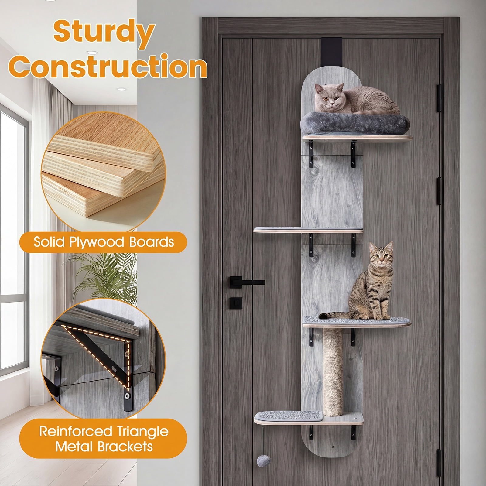 Gymax Door Hanging Cat Climber w/Plush Bed Scratching Post Carpeted Jumping Platforms Grey