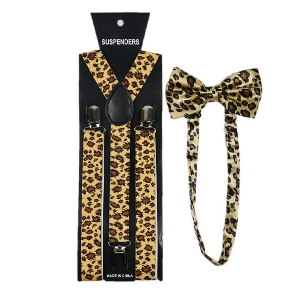 Leopard Print Suspender And Bow Tie Set for Men & Women - Adjustable Brown For Wedding & Party Accessory