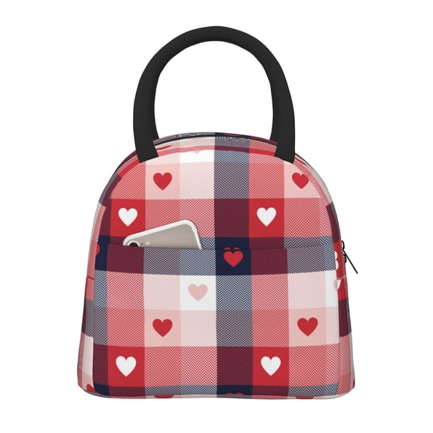 Balery Heart Plaid Bolsa de Almuerzo para Mujeres, Caja de Almuerzo, Bolsa de Almuerzo Pequeña Impermeable, Tote de Almuerzo Reutilizable con Gran Capacidad