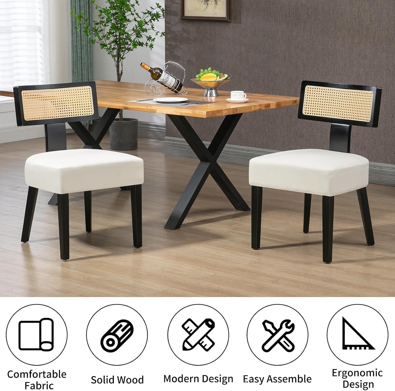 Solid Wood Rattan Dining Table and Chairs, Beige, Retro Home Decor, Living Room Armchair, Dining Room (set of2)