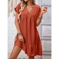 thumbnail image 5 of Women'S Short Sleeve V Neck Ruffle Hem Solid Swing Smock Dress Rust Red M, 5 of 9