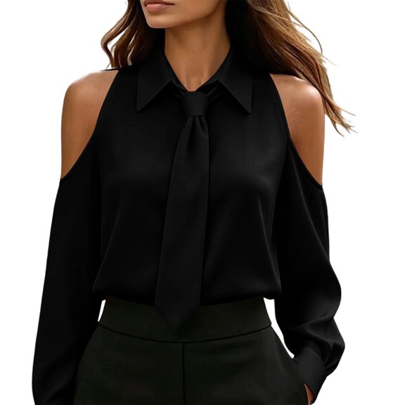 Cold Shoulder Shirts for Womens Solid Color Turndown Collar Casual Shirt Long Sleeve Dressy Top with Tie Black M