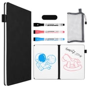 AGM A5 Notebook, Reusable Leather Notebook with Three Pens, Dry Erase Board and Eraser White Board Notebook Pencil Case, Black