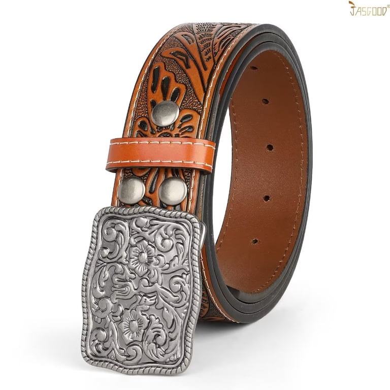 JASGOOD Western Floral Embossed Leather Belt, Cowboy Cowgirl  display picture 1