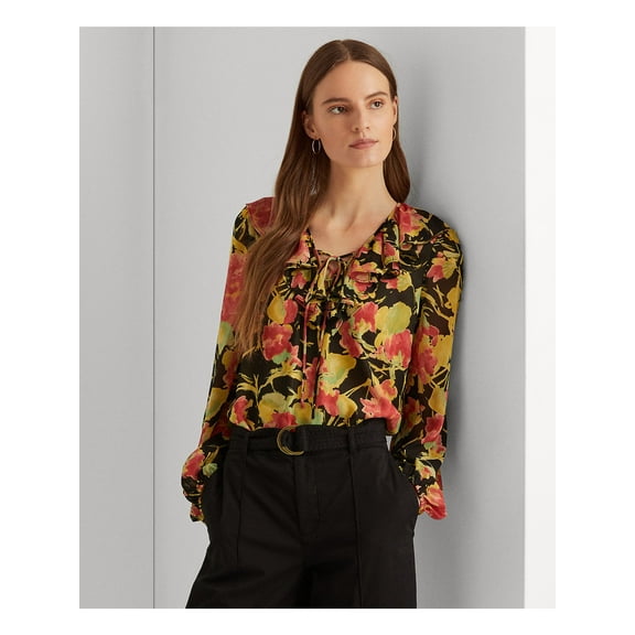 LAUREN RALPH LAUREN Womens Black Sheer Ruffled Lace Up Front Lined Pullover Floral Long Sleeve V Neck Wear To Work Blouse S