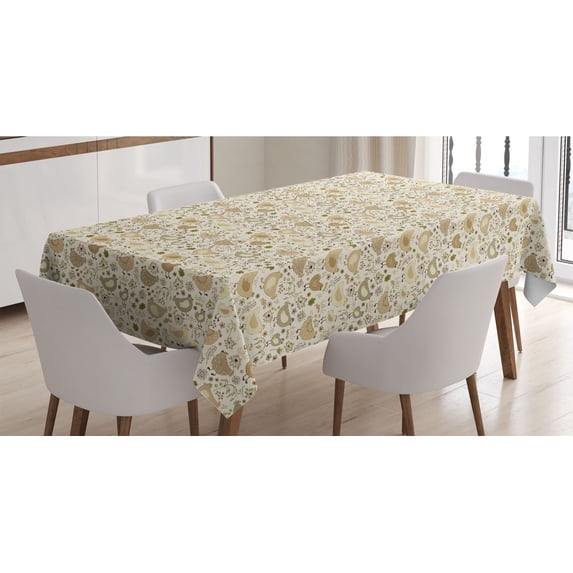 Chicken Tablecloth, Chunky Farm Animals in Polka Dots Flowers and Berries, Rectangle Satin Table Cover Accent for Dining Room and Kitchen, 60" X 84", Brown Camel, by Ambesonne