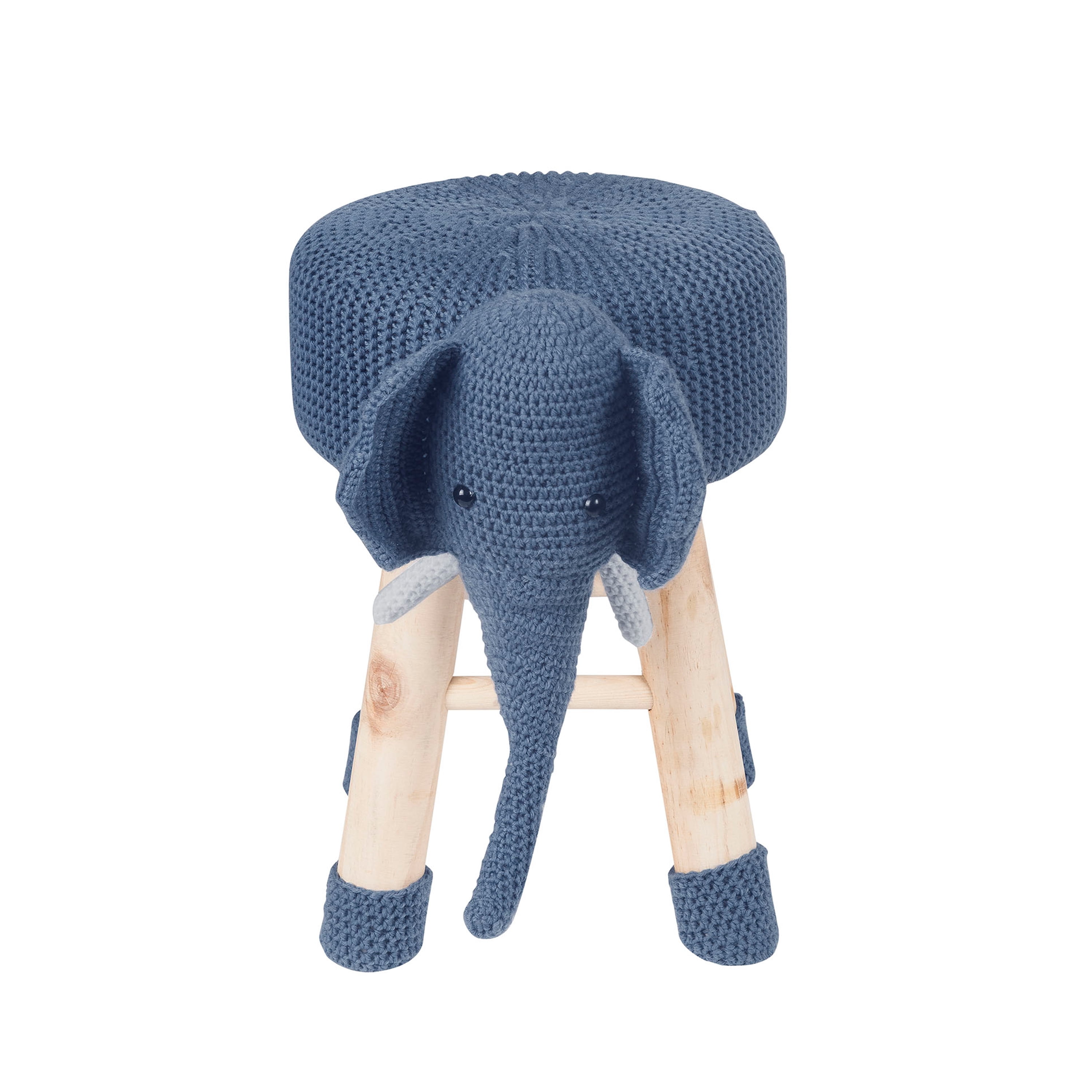 AC Pacific Children's Woven Elephant Ottoman Stool with Wooden Legs, Blue