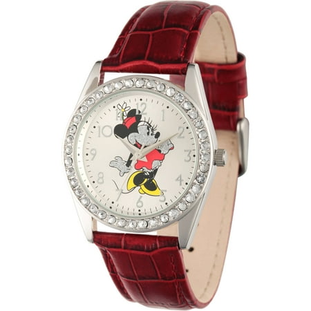 Disney, Glitter Minnie Mouse Women's Silver Alloy Glitz Watch, Red Leather Strap