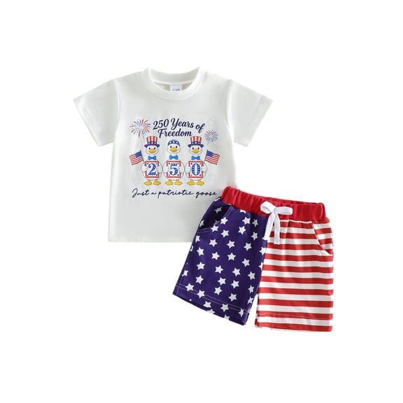 BemeyourBBs Toddler Baby Boys 4th of July Outfit Baby Boy Patriot 250 Anniversary USA Outfit Independence Day Summer Clothes Animal Letter Print Short Sleeve T Shirt Tops and Star Striped Shorts Set