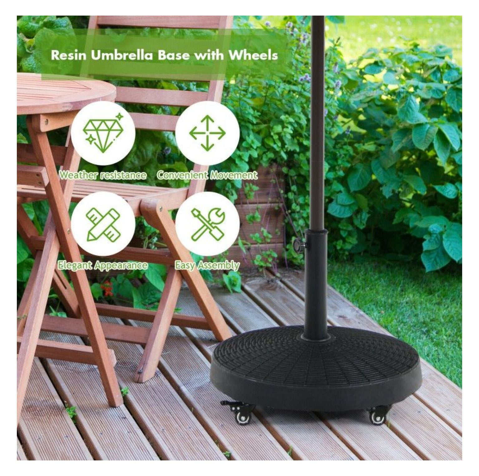 50 LBS Umbrella Base, Patio Resin Wicker Stand with Wheels - Heavy Duty Outdoor Umbrella Holder for Backyard, Poolside, 1.5"/1.9" Pole