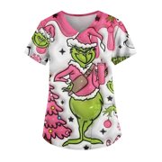 Grinch Scrubs Tops Women Clearance Under $10 V-Neck Short Sleeve Nursing Uniform Scrubs