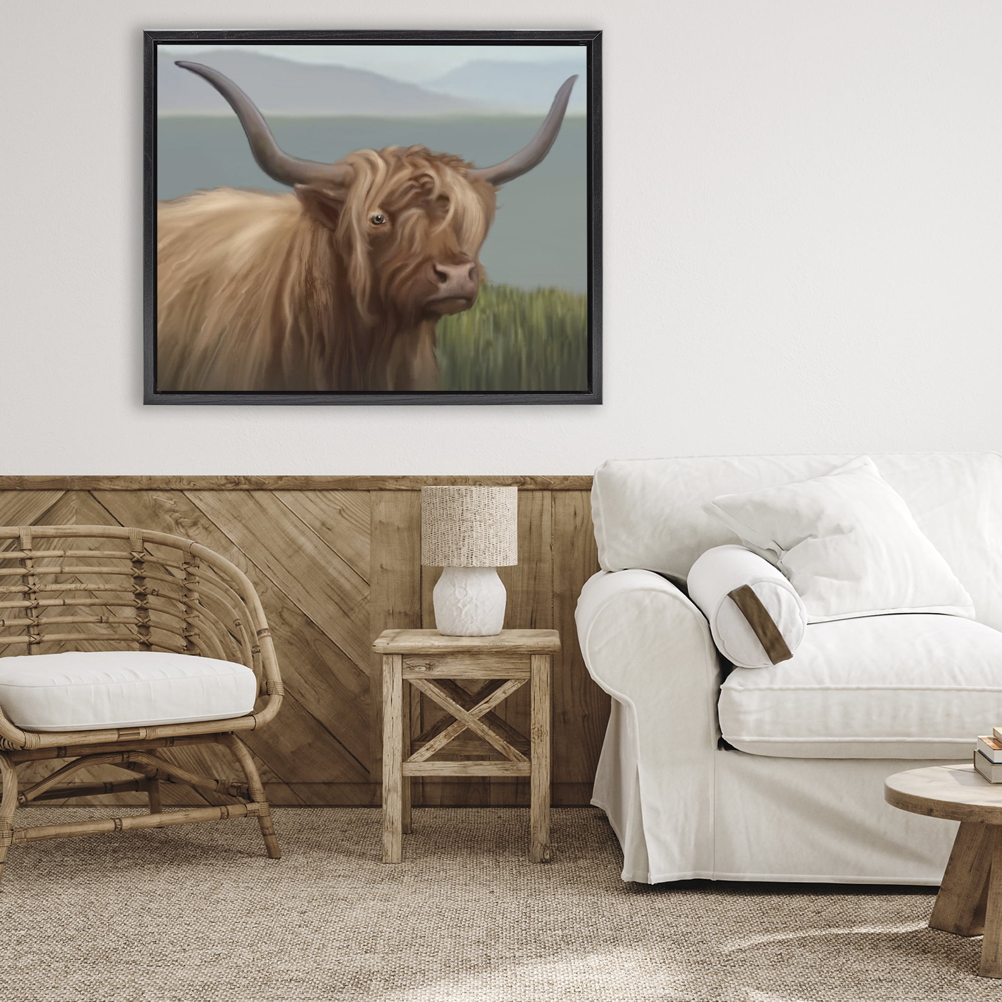 Stupell Industries Scottish Highland Cattle Landscape Black Framed Floater Canvas Wall Art, design by Matthew Piotrowicz