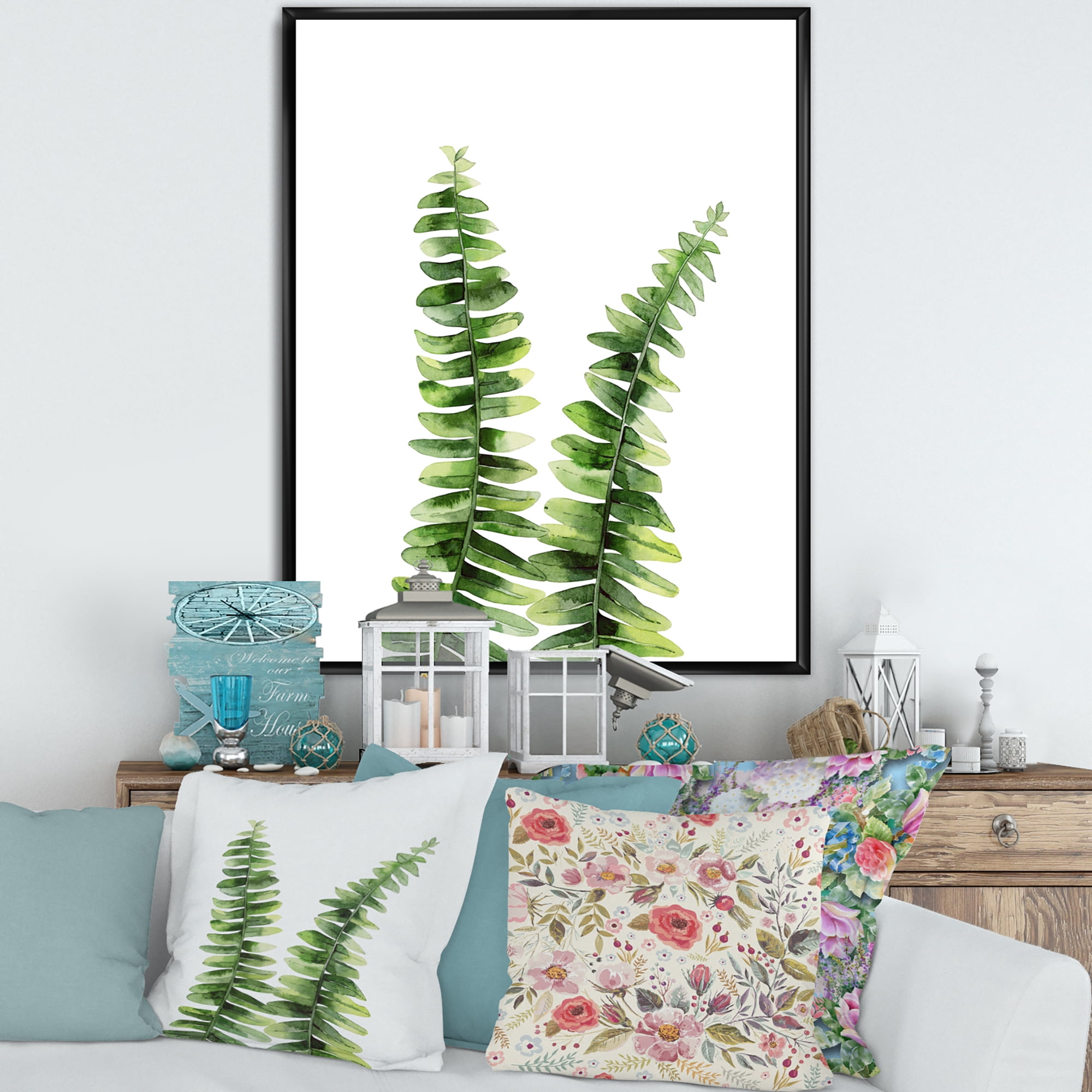 Designart 'Fern Plant Leaves Detail V' Tropical Framed Canvas Wall Art Print