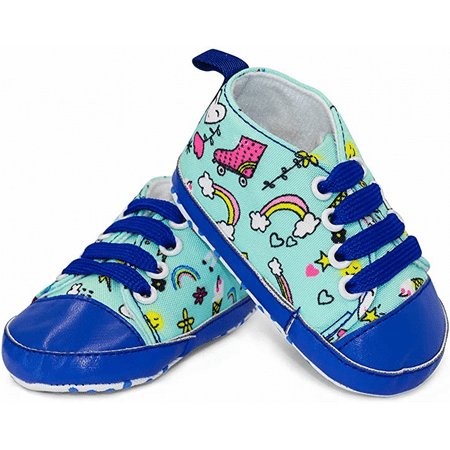 

Wish Unisex Infant Sneakers Soft No Tie Anti-Slip Sole High-Top Sneaker Canvas Stylish Newborn Shoes for Girls and Boys--Blue Rainbow （13cm） S412