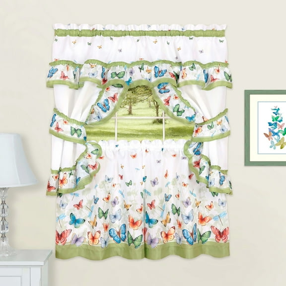 Butterflies Printed Kitchen Curtain Cottage Set Swag Tiers and Tiebacks