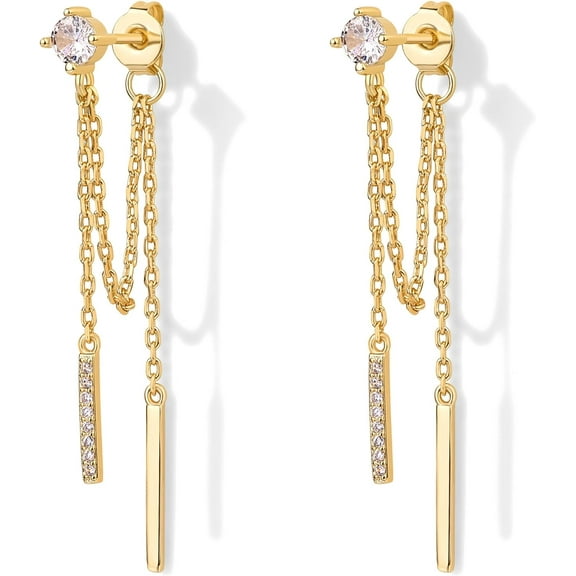 Leander 18K Gold Plated Sterling Silver Posts Drop Dangle Chain Earrings for Women | Dangling Chain Studs | Cubic Zirconia Ball Threader Earscapes Earrings