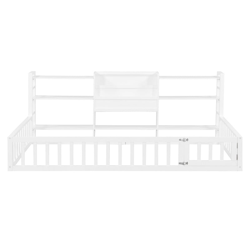 Twin Size Floor Bed with Integrated Bookcase and 3-Tier Storage Shelves, Low Profile Wood Toddler Bed Montessori Bed with Safety Guardrails for Boys Girls