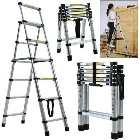 Extension Ladder, 6+7 Step Ladder, Telescoping Aluminum Ladder with Safe Protective Switch, Non-Slip Rubber Feet, 300lb Capacity Multi Use A-Frame Ladder for Home Office Attic Loft