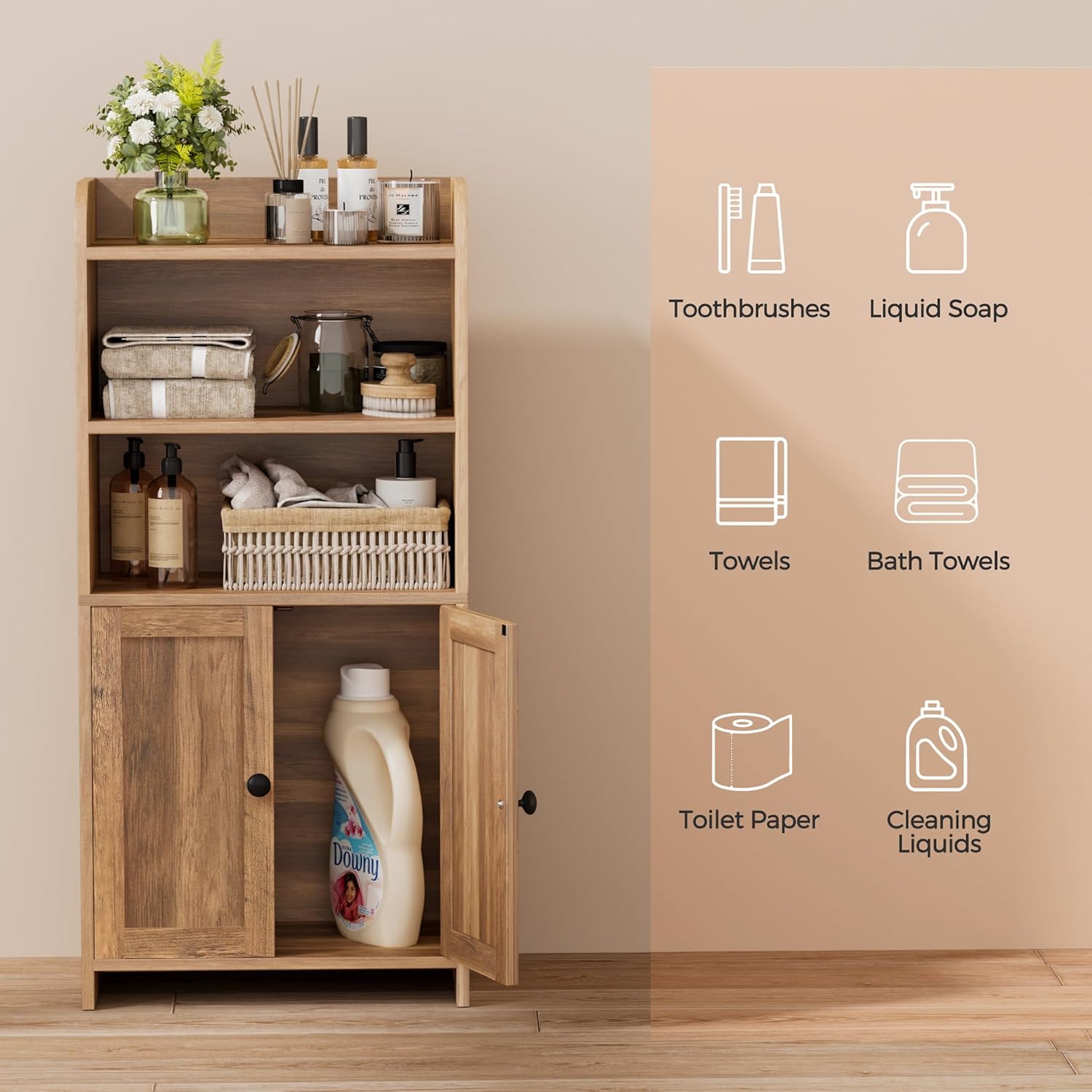 Small Bathroom Storage Cabinet, Freestanding Toilet Paper Storage with 2 Doors and Shelves, Bathroom Organizers and Storage for Small Spaces, 7.9" D x 14.6" W x 31" H, Rustic Walnut