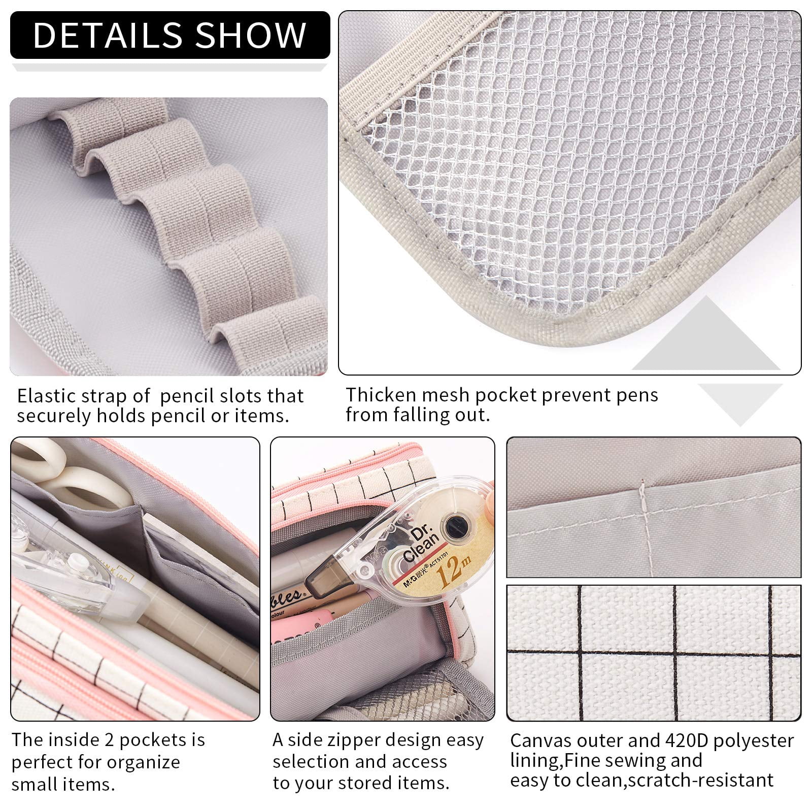 EASTHILL Large Capacity Colored Canvas Storage Pouch Marker Pen Pencil Case Simple Stationery Bag Holder For Middle High School Office College Student Girl Women Adult Teen Gift White Plai