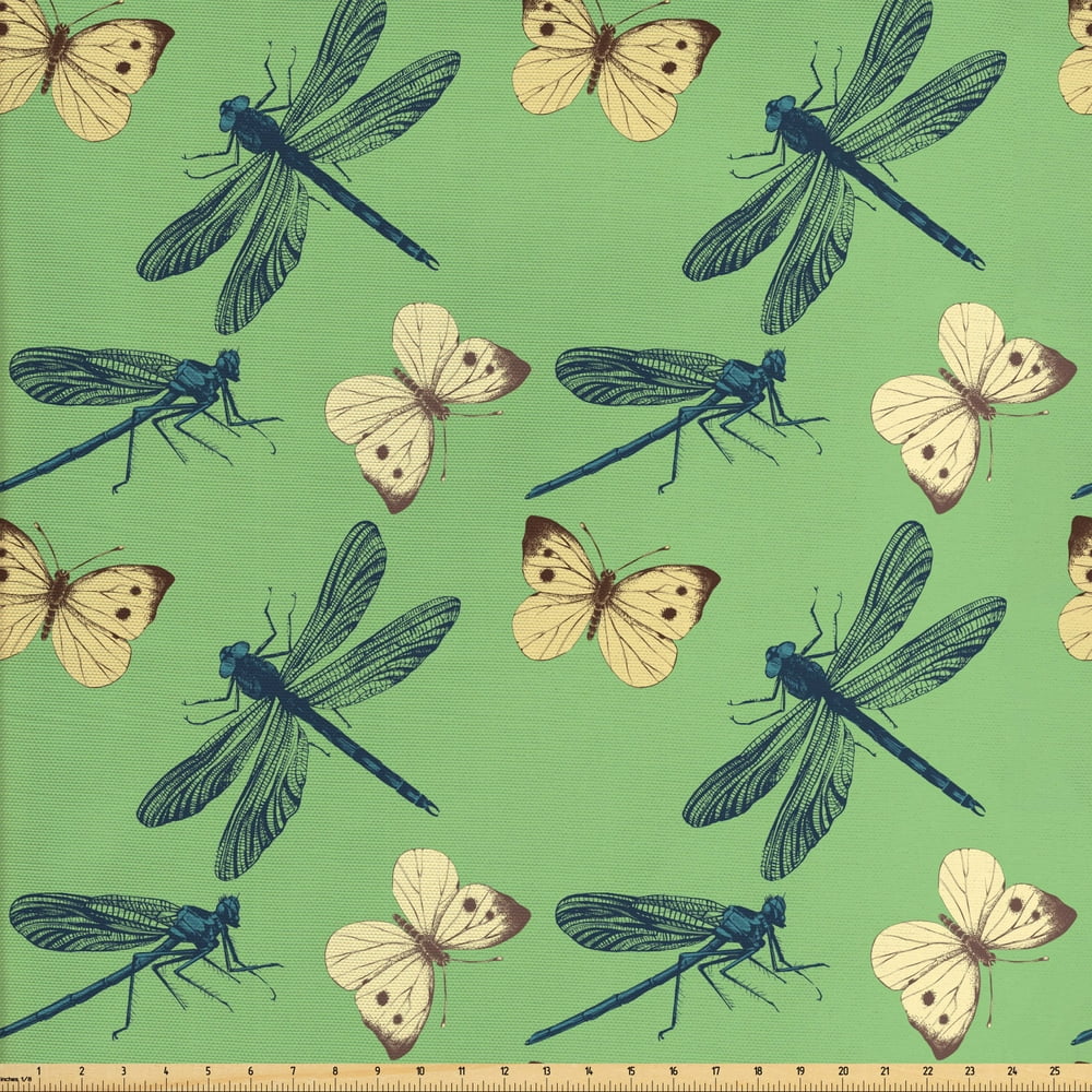 Dragonfly Fabric by The Yard, Random Design of Wild Nature Insects
