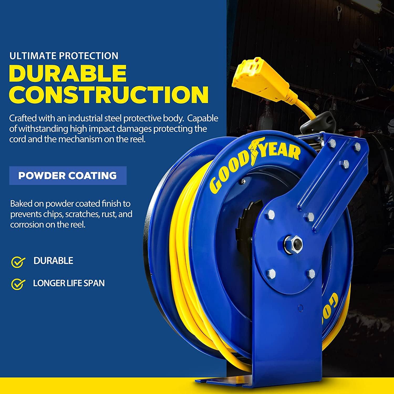 GOODYEAR GUR073 14 Gauge 100' 3 Outlets Industrial Retractable Extension Cord