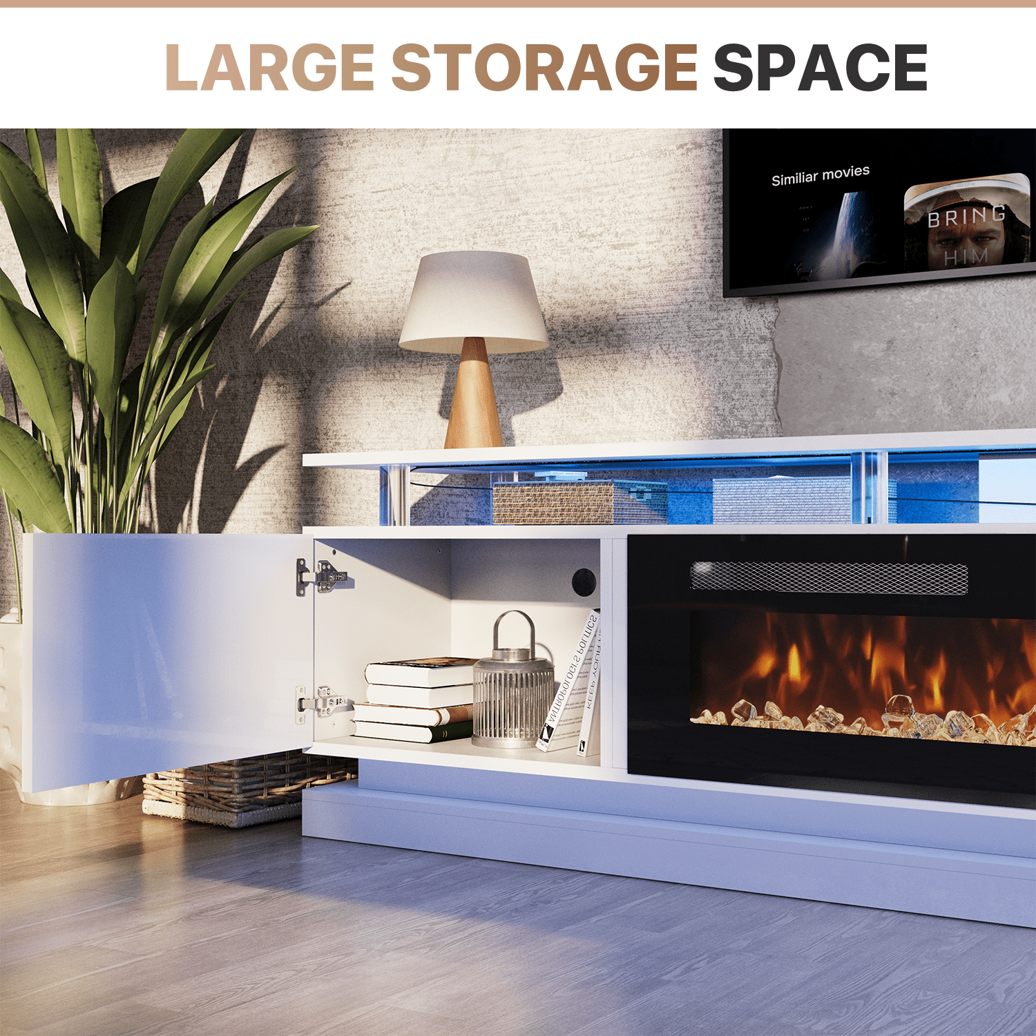 Sonegra Modern Fireplace TV Stand for TVs Up to 100" with music sync LED, 90" Fireplace Entertainment Center with Charging Station, TV Console with Storage Cabinets for Living Room, White