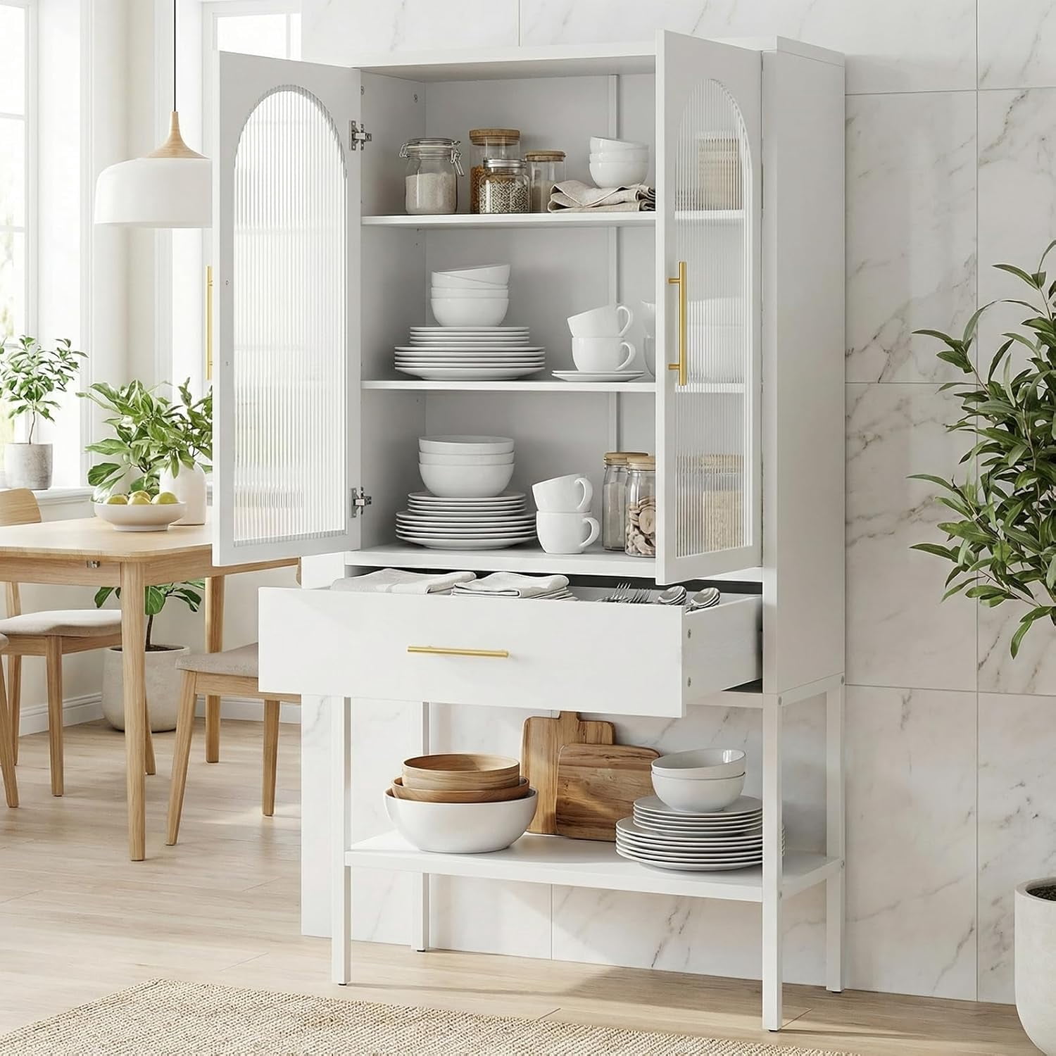 63" Tall Metal Storage Cabinet with Glass Doors, Kitchen Pantry Cabinet with Drawers & Adjustable Shelves, Freestanding Metal Cabinet for Kitchen, Dining Room and Home Organization White