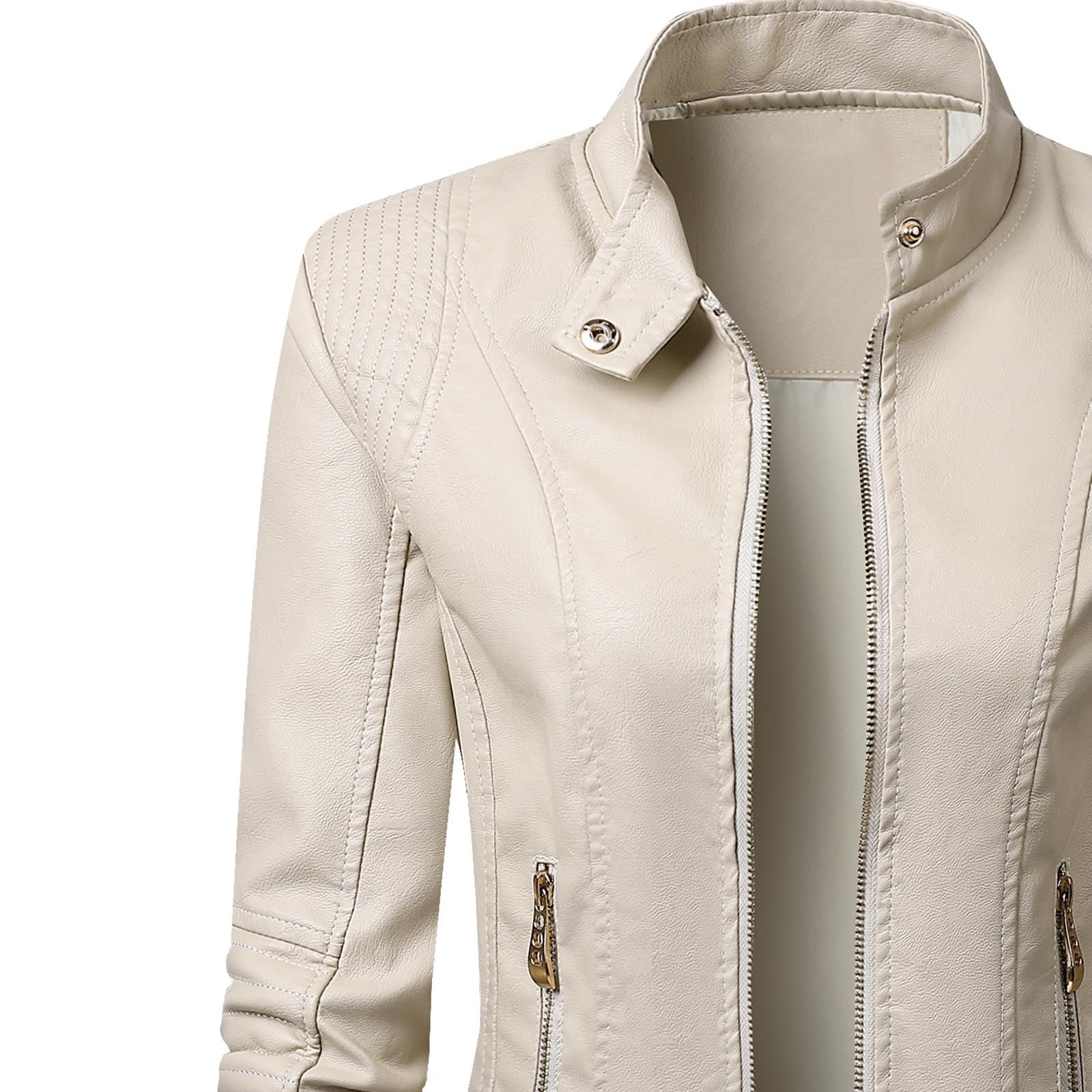 Lovskoo Women Faux Leather Jacket Moto Biker Coat Trendy Jacket Solid Long Sleeve Zipper Pocket Outerwear Tops Short Coat White